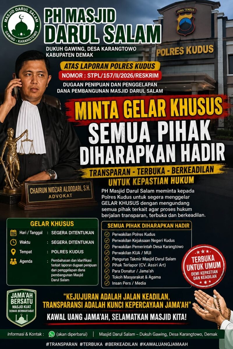 PH Masjid Darul Salam Minta Gelar Khusus, Semua Pihak Diharapkan Hadir