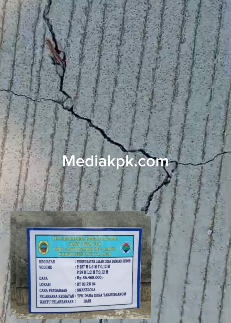 Keterangan Foto:
Kondisi jalan rabat beton di Dukuh Paras RT 02 RW 04, Desa Tanjunganom, Kecamatan Gabus, Kabupaten Pati, yang tampak mengalami keretakan di sejumlah bagian meski proyek Dana Desa Tahun Anggaran 2026 tersebut belum lama selesai dikerjakan.