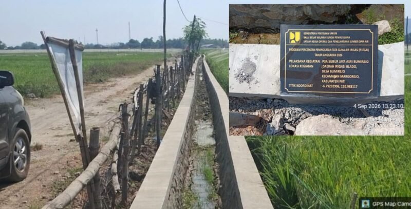 Keterangan foto:
Proyek rehabilitasi/peningkatan jaringan irigasi P3-TGAI senilai Rp195 juta di Desa Bumirejo, Kecamatan Margorejo, Kabupaten Pati, yang pelaksanaannya menjadi sorotan dan tengah ditelusuri terkait dugaan keterlibatan pihak di luar kelompok penerima program, Rabu (9/9/2026).