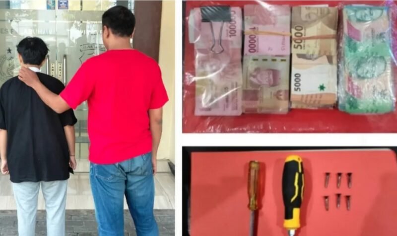 Keterangan Foto: Polisi Polsek Kenjeran mengamankan dua terduga pelaku pembobolan SDN Kompleks Kenjeran II di Surabaya.