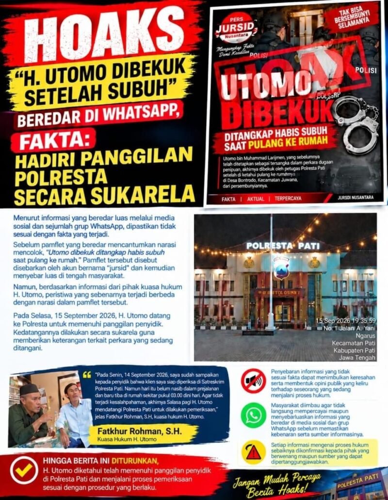 Bantah Kuasa Hukum: Klien H.Utomo Sukarela Ke Polresta Pati