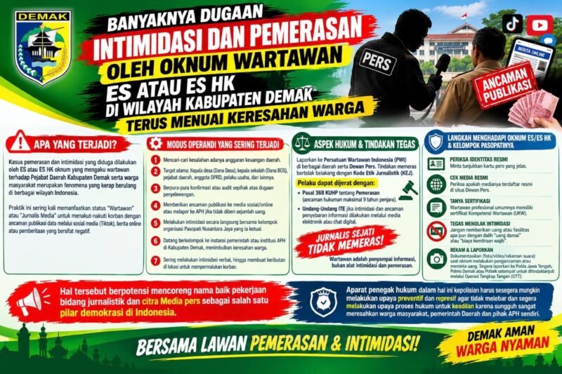Dugaan Intimidasi dan Pemerasan Mengatasnamakan Wartawan Resahkan Sejumlah Pihak di Demak