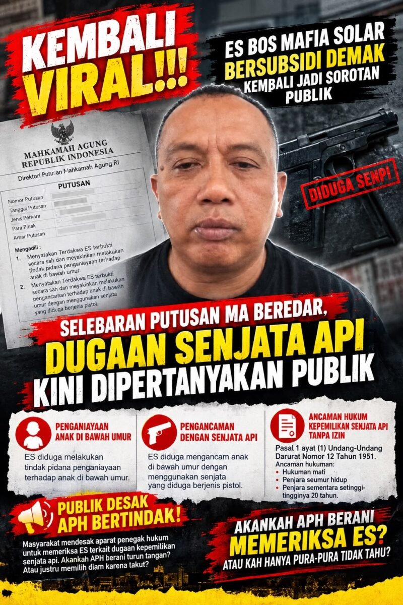 foto: Ilustrasi selebaran berisi informasi putusan perkara yang dikaitkan dengan ES dan beredar di media sosial. Informasi mengenai dugaan penggunaan atau kepemilikan senjata api masih memerlukan verifikasi melalui dokumen resmi dan keterangan pihak berwenang.