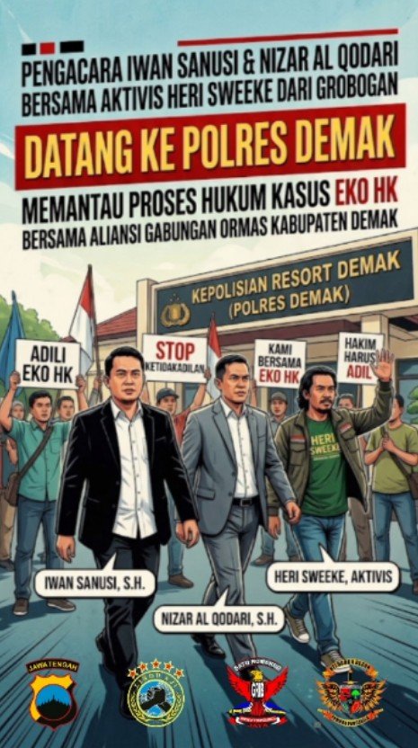 Foto: Gabungan pengacara, elemen ormas, dan aktivis sosial kemasyarakatan mendatangi Satreskrim Polres Demak, Sabtu (3/10/2026), untuk memantau dan mengawal perkembangan penanganan sejumlah laporan yang menyeret nama Eko Sugiarto alias Eko HK.