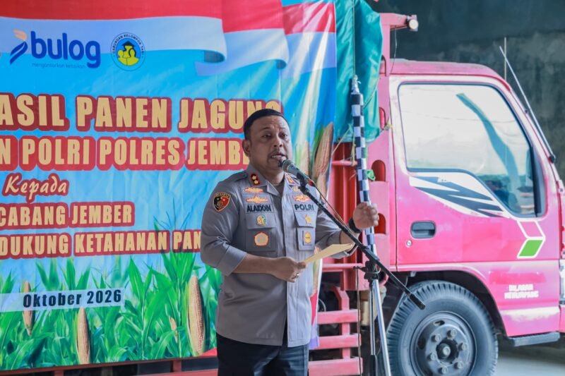 Kapolres Jember AKBP Alaiddin bersama jajaran dan stakeholder melepas pengiriman perdana jagung hasil panen Gapoktan binaan Polres Jember kepada Perum Bulog Cabang Jember di Kecamatan Puger, Rabu (7/10/2026).
