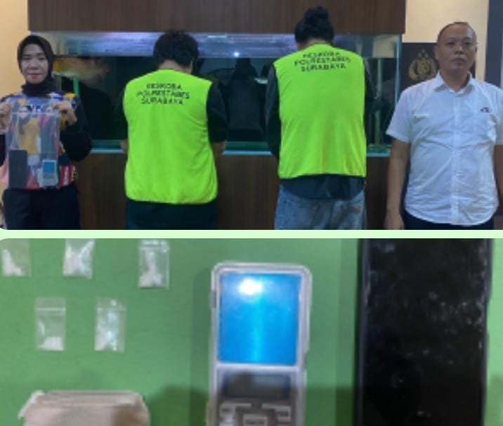 Satresnarkoba Polrestabes Surabaya menangkap dua terduga pengedar sabu di kawasan Pandean, Peneleh, Surabaya, dengan barang bukti lima poket sabu.