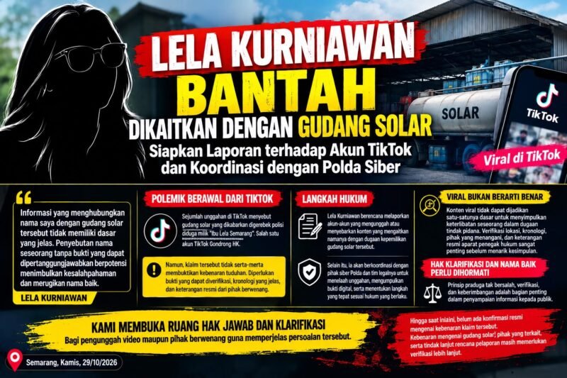 Lela Kurniawan menyampaikan bantahan atas unggahan TikTok yang mengaitkan namanya dengan dugaan kepemilikan gudang solar dan menyatakan rencana menempuh langkah hukum.