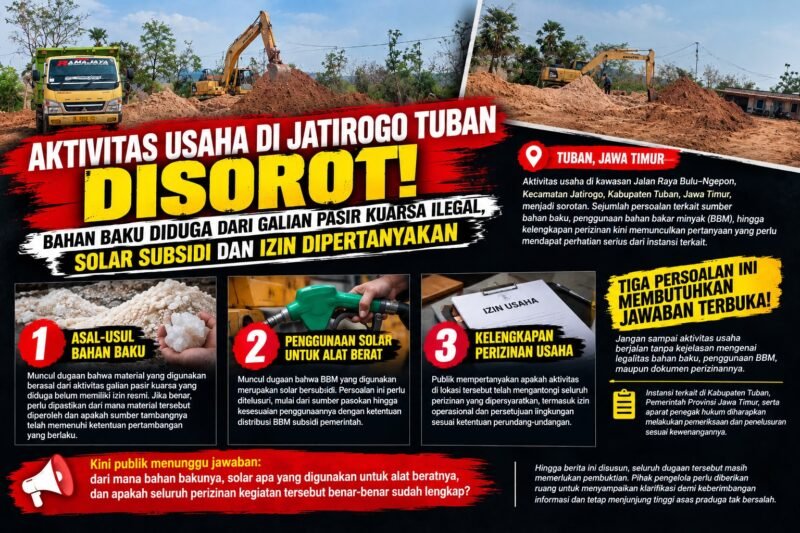 AKTIVITAS USAHA DI JATIROGO TUBAN DISOROT! BAHAN BAKU DIDUGA DARI GALIAN PASIR KUARSA ILEGAL, SOLAR SUBSIDI DAN IZIN DIPERTANYAKAN